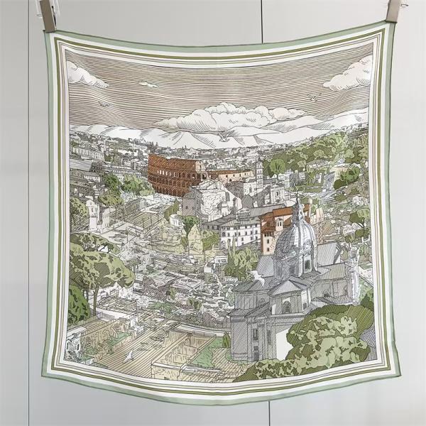 "Eternal Rome" Hand-Sketched Landscape Scarf | 100% Mulberry Silk (65x65cm)