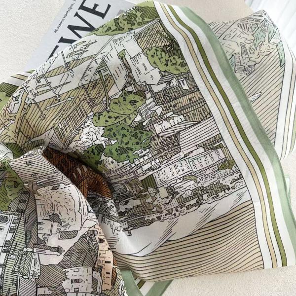"Eternal Rome" Hand-Sketched Landscape Scarf | 100% Mulberry Silk (65x65cm)