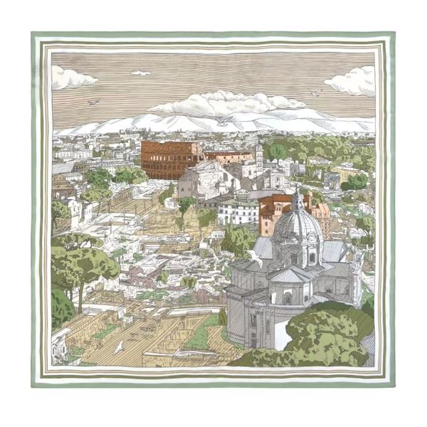 "Eternal Rome" Hand-Sketched Landscape Scarf | 100% Mulberry Silk (65x65cm)