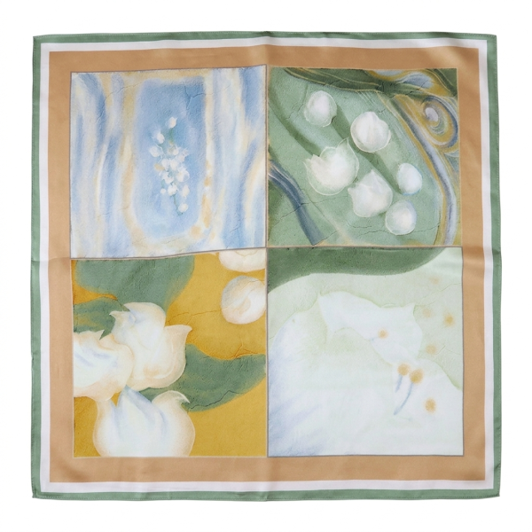 Celadon Green & Camel Abstract Floral Square Silk Scarf: An Artistic Morandi-Palette Accessory for Autumn and Spring