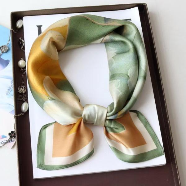 Celadon Green & Camel Abstract Floral Square Silk Scarf: An Artistic Morandi-Palette Accessory for Autumn and Spring