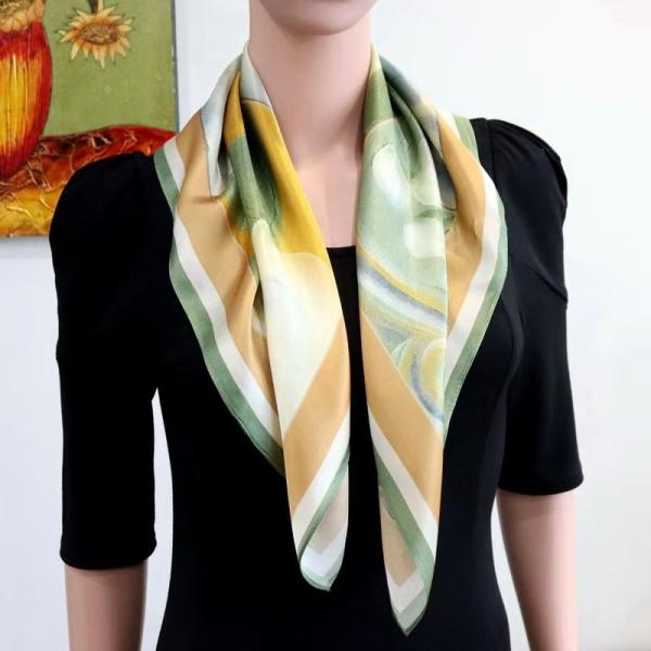 Celadon Green & Camel Abstract Floral Square Silk Scarf: An Artistic Morandi-Palette Accessory for Autumn and Spring