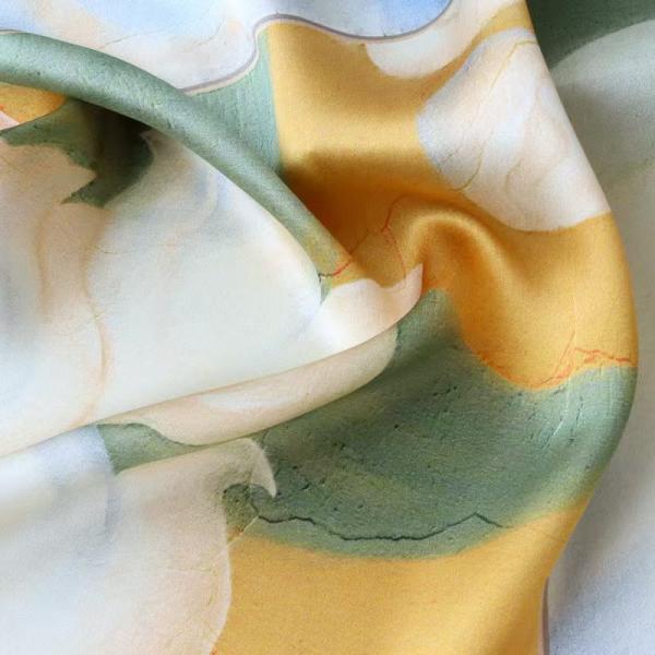 Celadon Green & Camel Abstract Floral Square Silk Scarf: An Artistic Morandi-Palette Accessory for Autumn and Spring