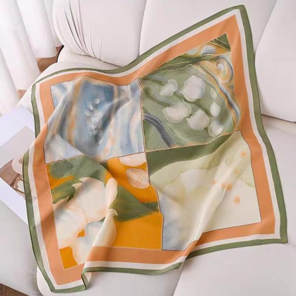 Celadon Green & Camel Abstract Floral Square Silk Scarf: An Artistic Morandi-Palette Accessory for Autumn and Spring