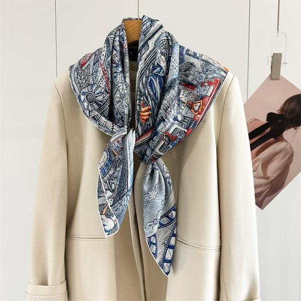 "City of Light" Premium Mulberry Silk Square Scarf - Retro Cinematic Art Deco Hand-Rolled Wrap