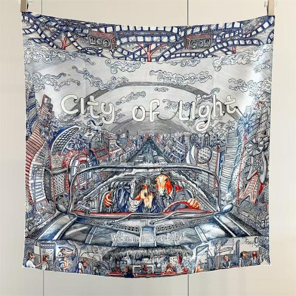 "City of Light" Premium Mulberry Silk Square Scarf - Retro Cinematic Art Deco Hand-Rolled Wrap
