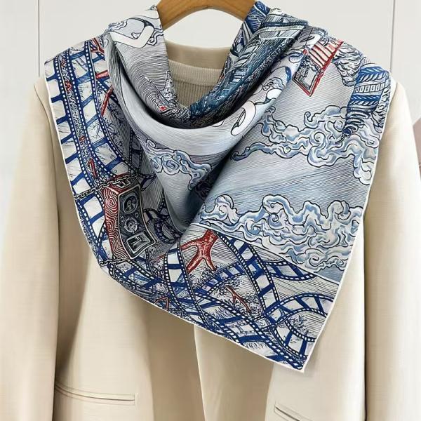 "City of Light" Premium Mulberry Silk Square Scarf - Retro Cinematic Art Deco Hand-Rolled Wrap