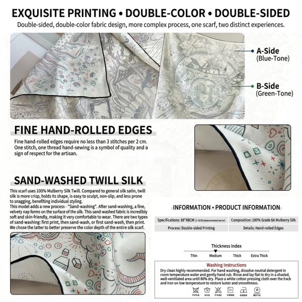 Midnight Blue & Sage Zenith: Mythical Zodiac Reversible Silk Scarf