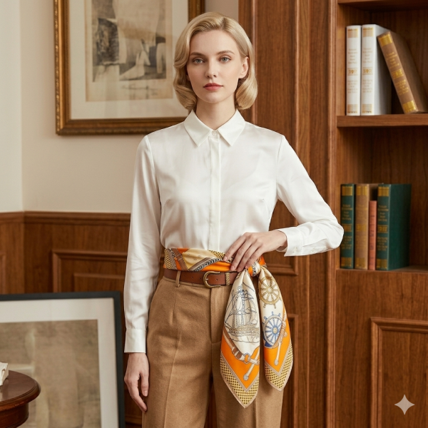 Luxury Horse & Carriage Print Silk Scarf - Hand-Rolled 100% Mulberry Silk Twill