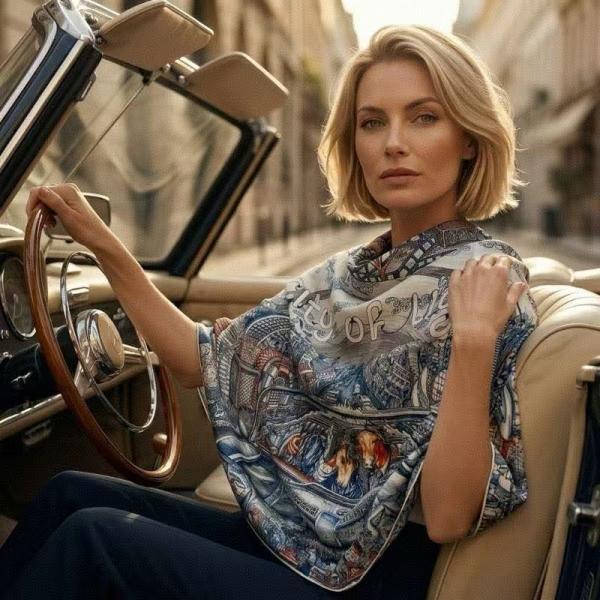 "City of Light" Premium Mulberry Silk Square Scarf - Retro Cinematic Art Deco Hand-Rolled Wrap