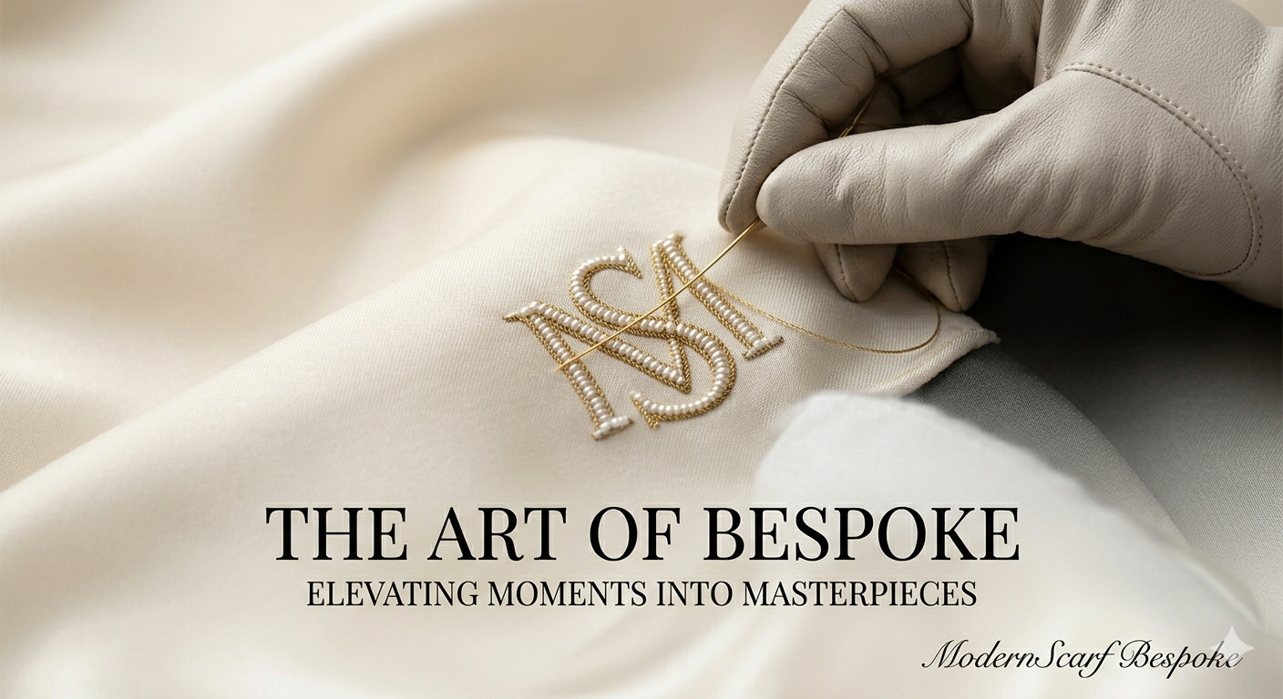 Hand-embroidered monogram on cream silk scarf - ModernScarf Bespoke